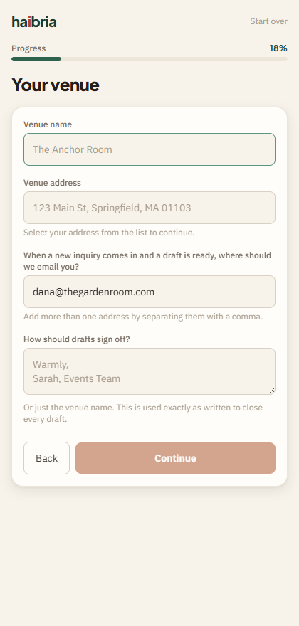 Signup wizard — Your venue