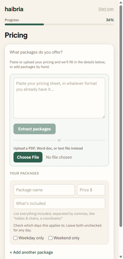 Signup wizard — Paste your pricing